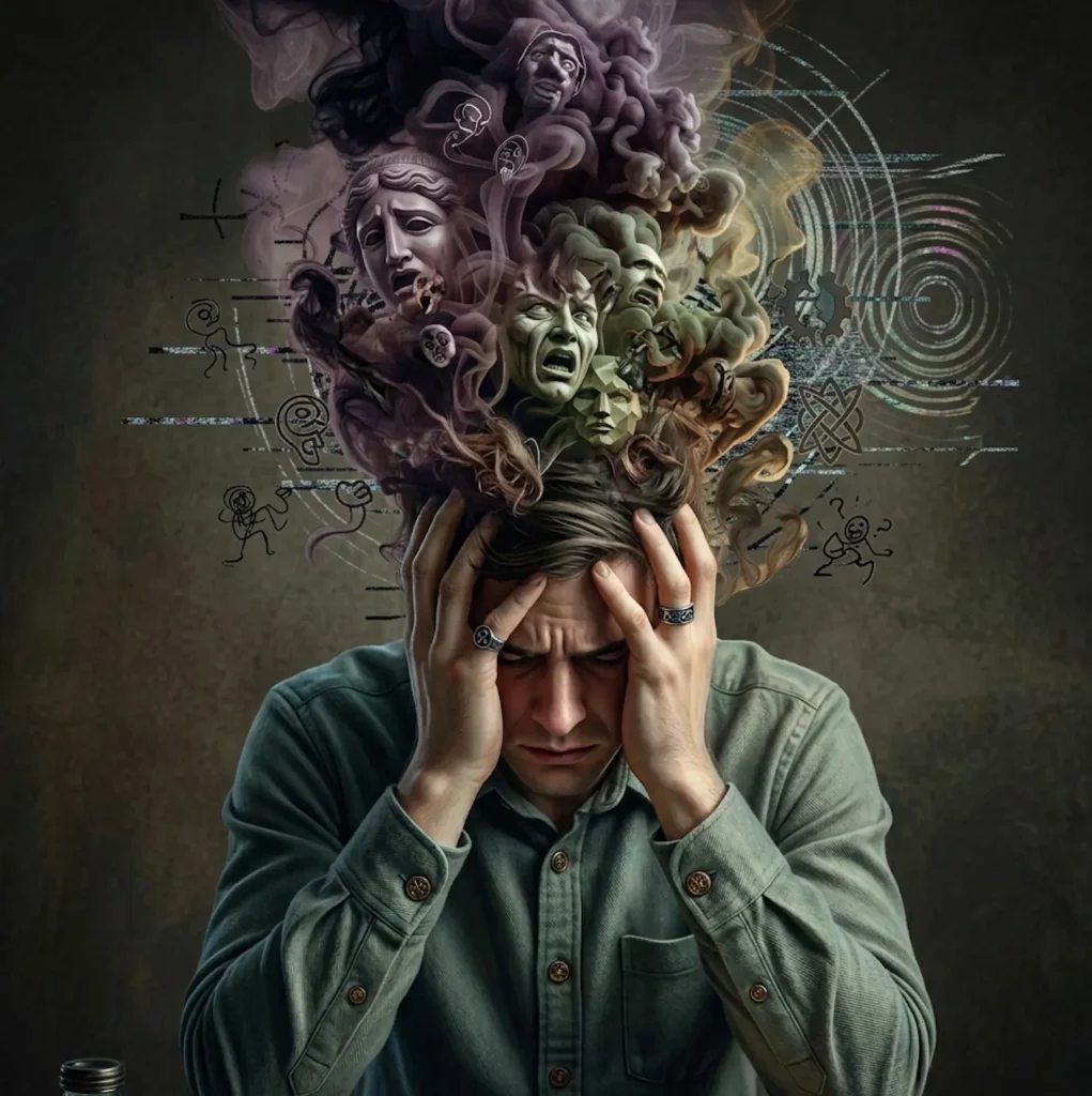 A portrait of a distressed man experiencing energy and mental disruption due to wearing a generic, source-unknown wig, with fragmented, chaotic energy patterns around his head.