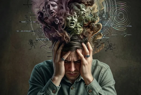A portrait of a distressed man experiencing energy and mental disruption due to wearing a generic, source-unknown wig, with fragmented, chaotic energy patterns around his head.