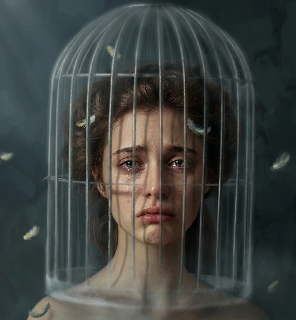 A portrait of a distressed man experiencing energy and mental disruption due to wearing a generic, source-unknown wig, with fragmented, chaotic energy patterns around his head.