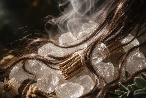 Macro photography of high-clarity quartz crystals used in SAMA PRIVÉ's proprietary energy-aligned wig cleansing technology.