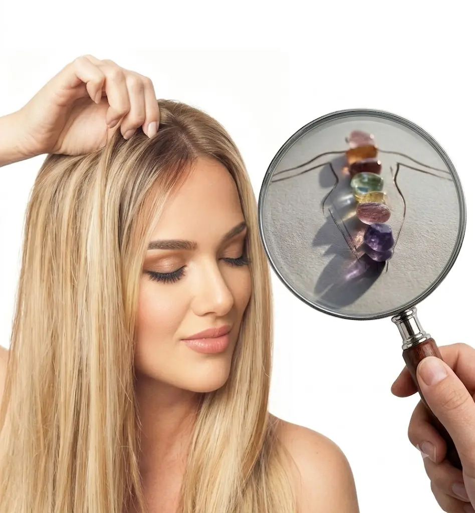 A woman with closed eyes and a veil, featuring glowing golden energy flowing from her crown chakra towards floating precious crystals, representing energy-aligned custom wigs.