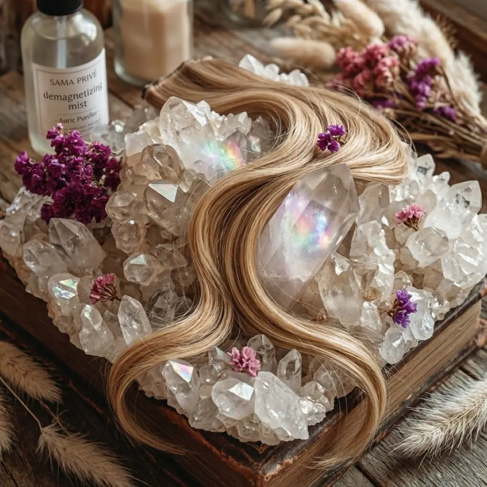 SAMA PRIVÉ Bio-Energy Hair Cleansing and Alignment A high-end conceptual shot of premium hair strands resting on a vast cluster of clear quartz crystals, illustrating SAMA PRIVÉ's professional bio-energy demagnetization process for luxury wigs.