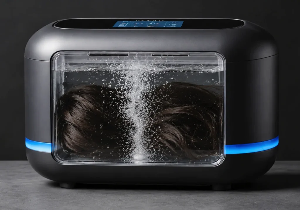 SAMA PRIVÉ Holistic Wig Rejuvenation Ritual A holistic beauty ritual scene featuring SAMA PRIVÉ demagnetizing mist, dried floral botanicals, and high-quality quartz crystals for custom wig rejuvenation.